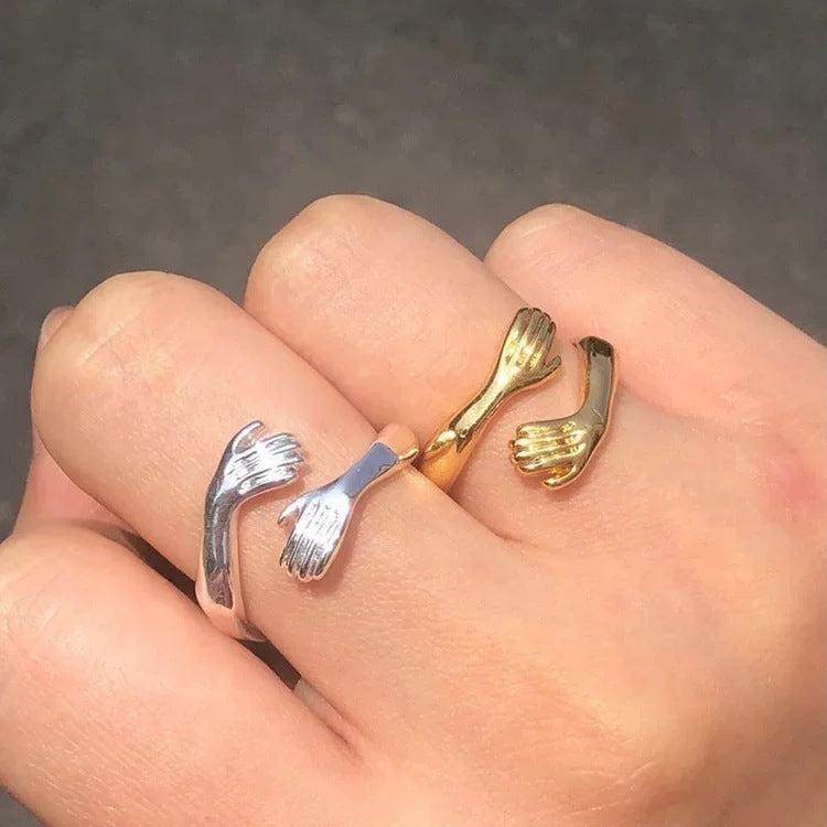 Adjustable Open Hugging Hands Ring