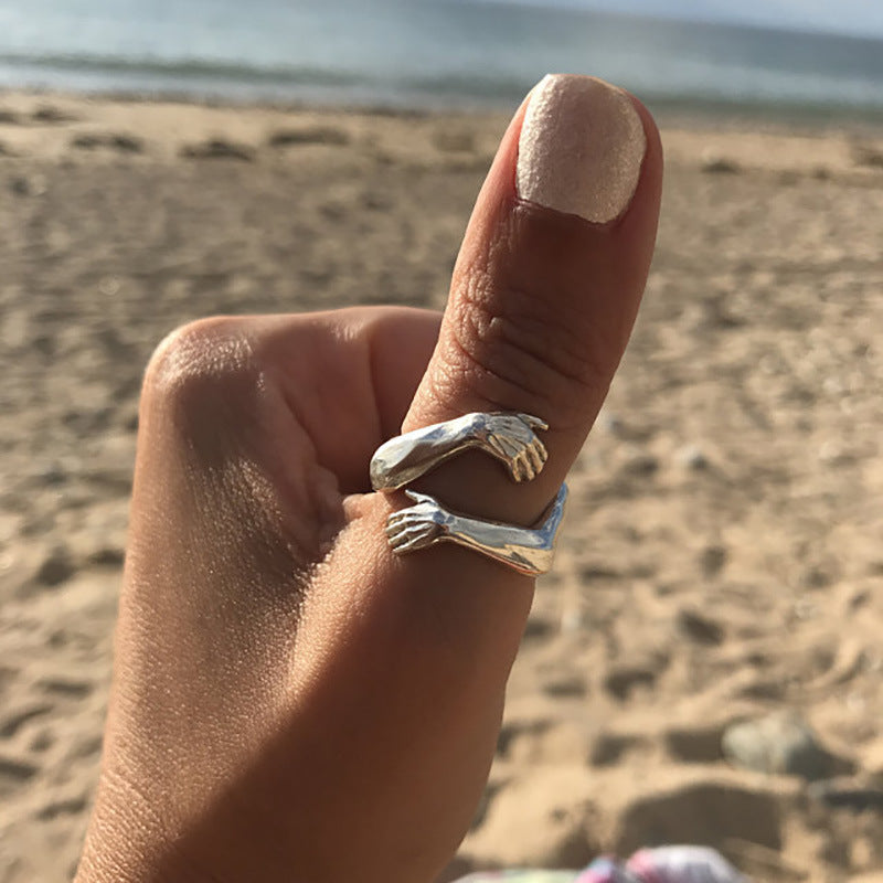Adjustable Open Hugging Hands Ring